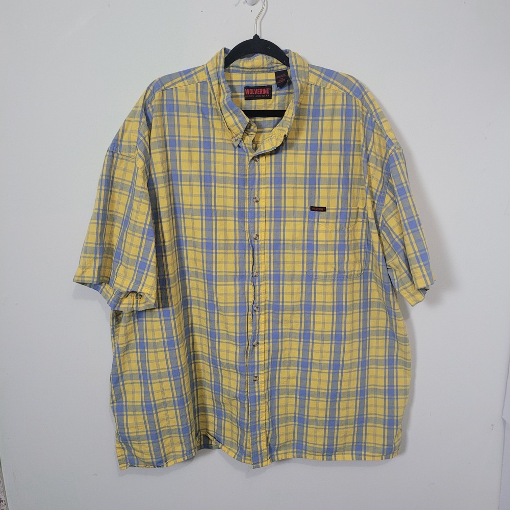 Wolverine Size 3X Button Down Shirt Mens Yellow Blue Plaid Short Sleeve Cotton
